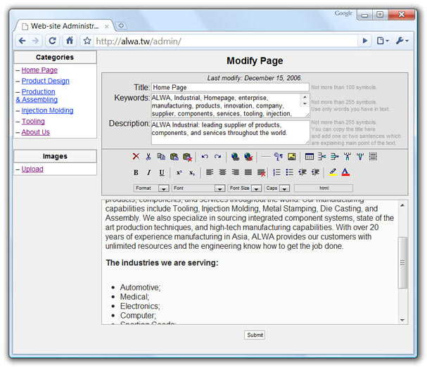 ALWA Industrial, Content Management System